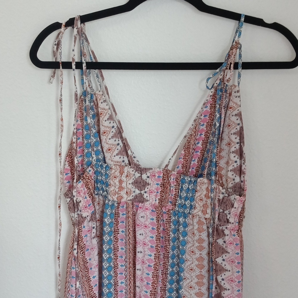 Lulu's Maxin' Smocked Blue Patchwork Print Babydoll Tie-Strap Maxi Dress Sz S - Picture 4 of 9